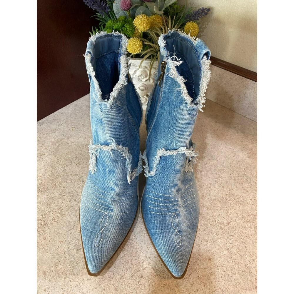Distressed Denim Ankle Boots With Chunky Heels & Zipper Closure - Picture 10 of 11